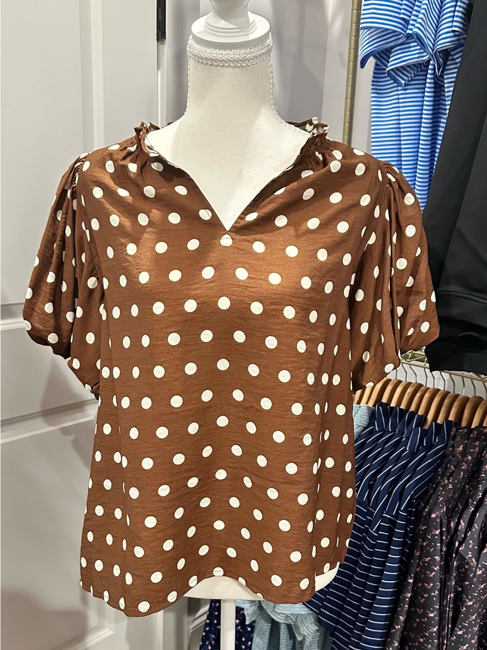 Brown Polka Dot V-Neck Women's Top Bibi new with tags small